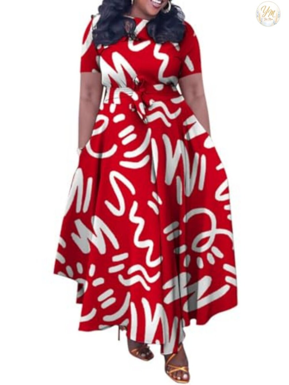 Plus Size A-Line Maxi Dress with Belt 3/4 Sleeve Casual Long Dress